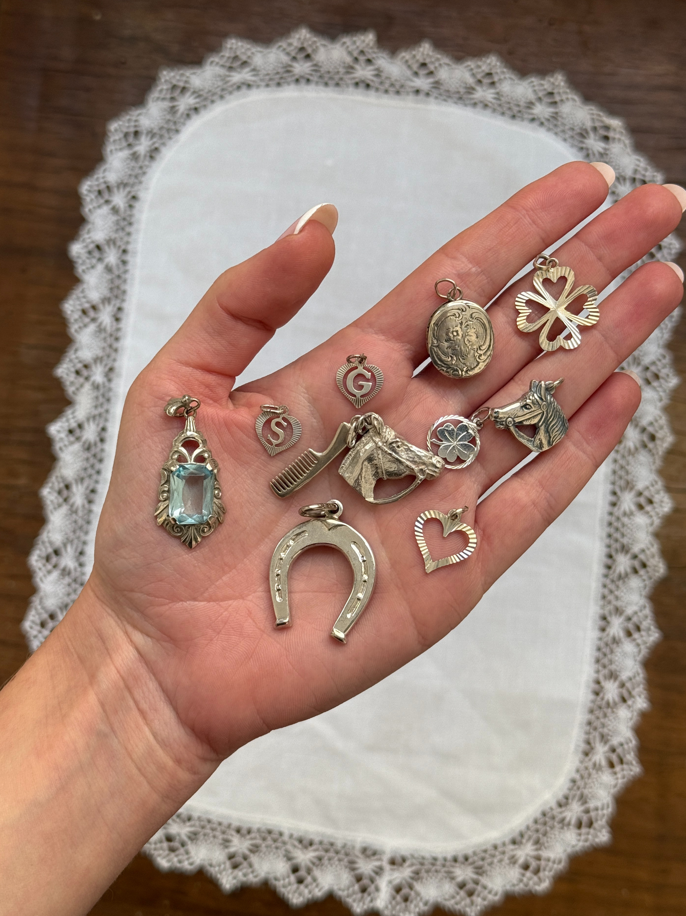 Sparkle Heart Charms Vintage Silver