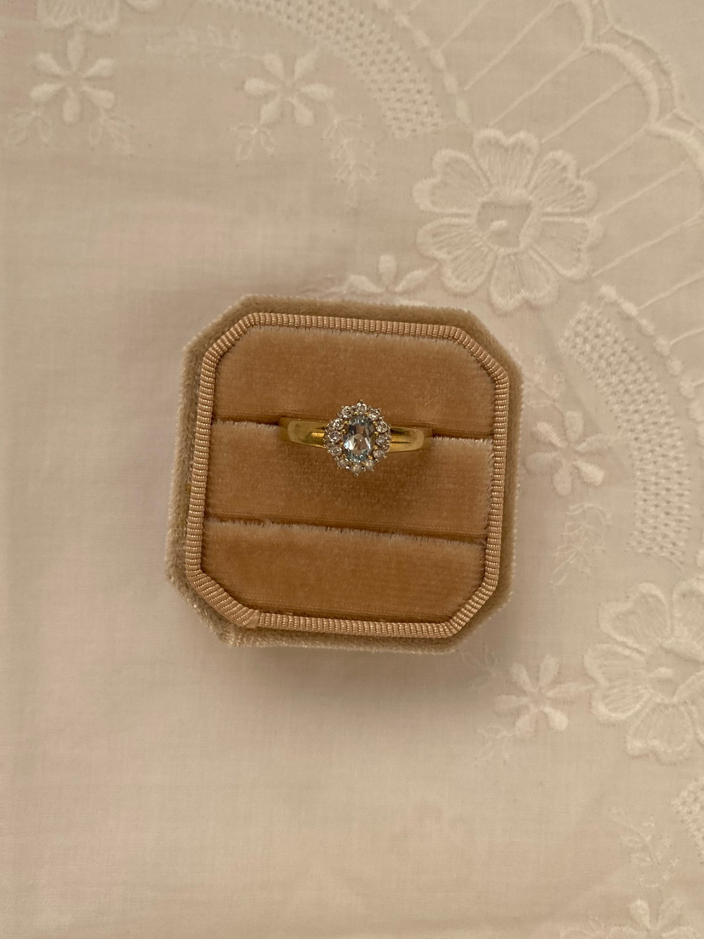 Aqua Halo Ring Vintage Gold