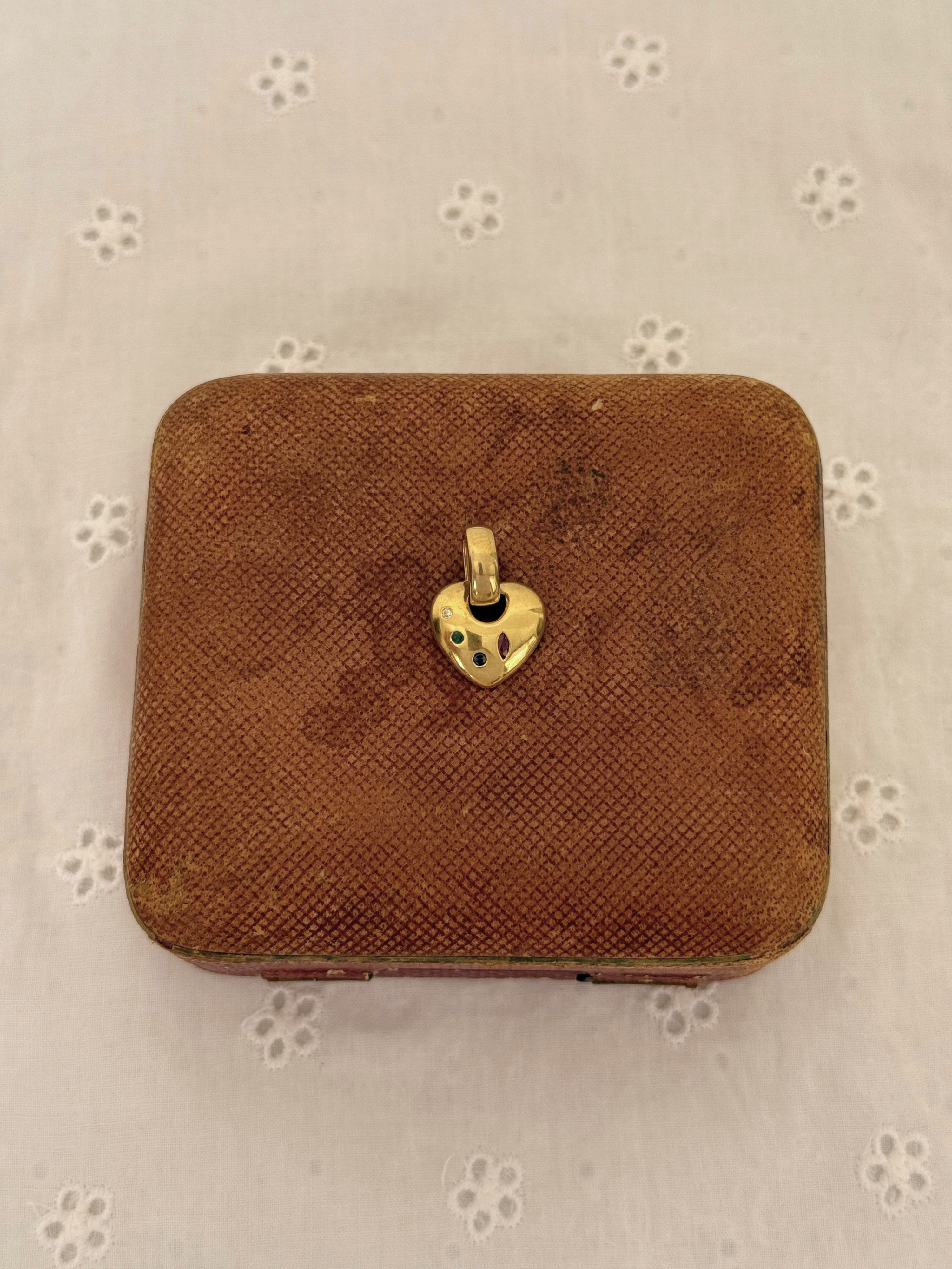 Multi Gem Heart Charm Vintage Gold
