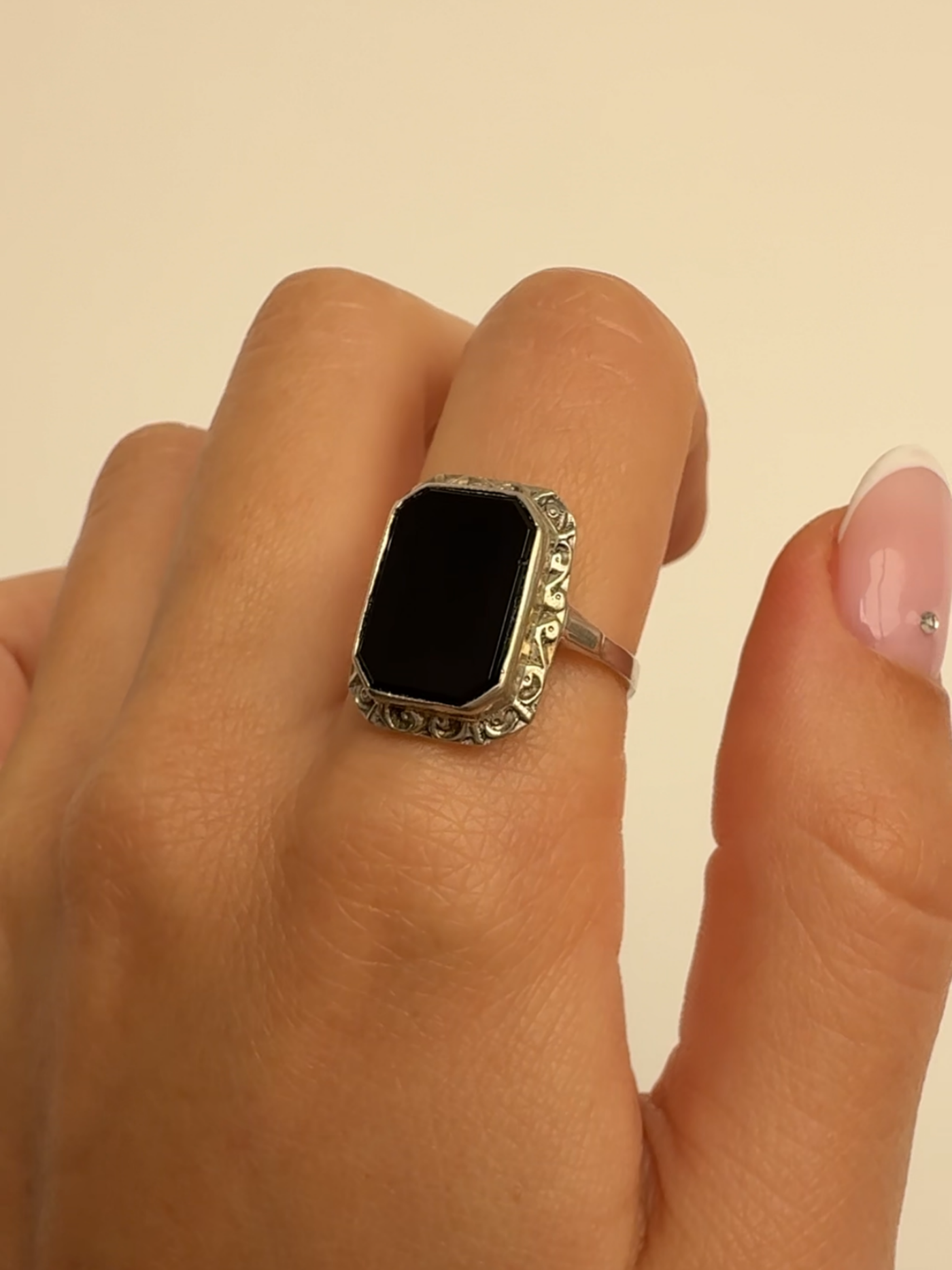 Antique Onyx Ring Vintage Silver