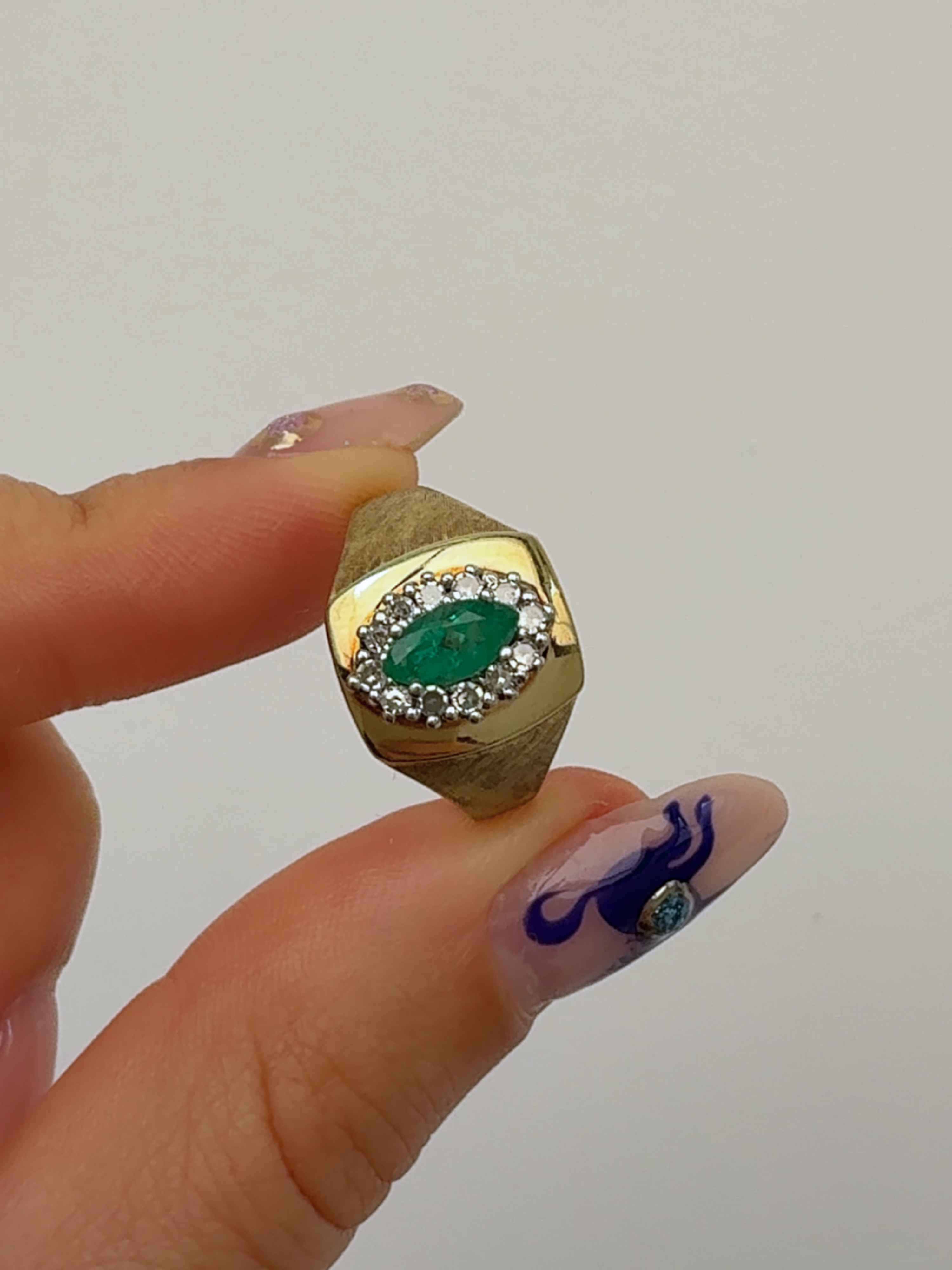 Emerald Halo Signet Ring 14k Vintage Gold