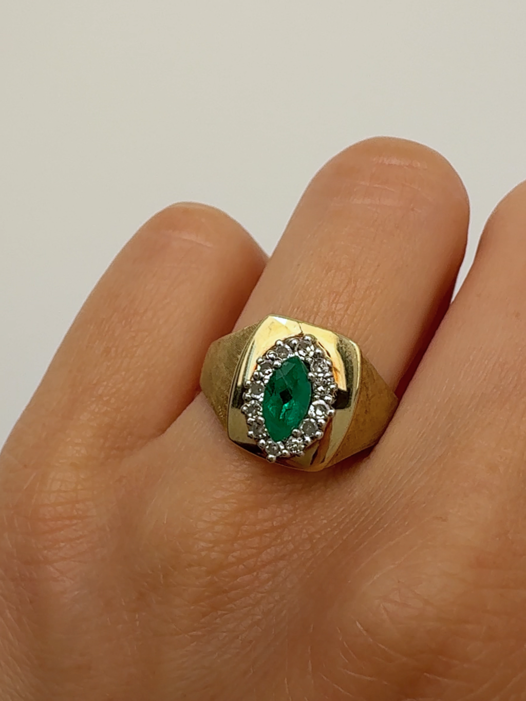 Emerald Halo Signet Ring 14k Vintage Gold