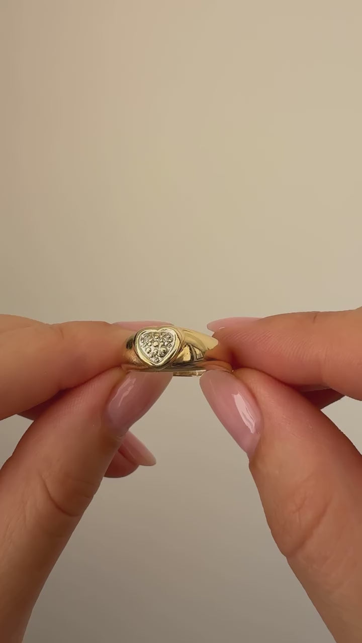 Bicolor Heart Dome Ring Vintage Gold